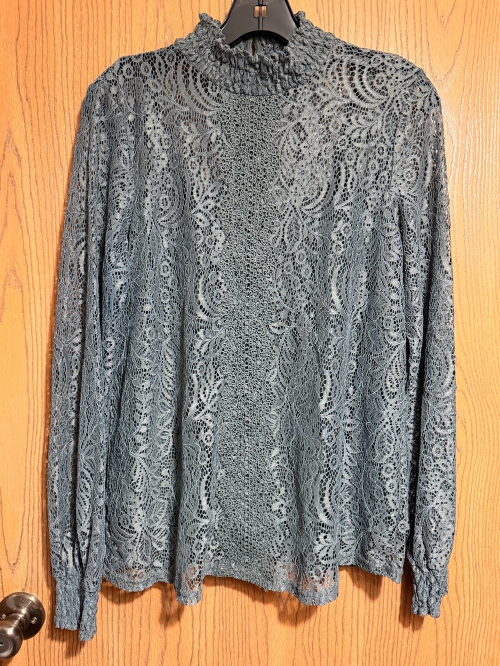 EUC Cable & Gauge Lace Blouse with Mock-Neck in Teal Blue